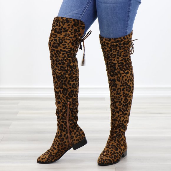 Leopard Suede Thigh High Flat Boot Lace Up Back - Picture 13 of 14